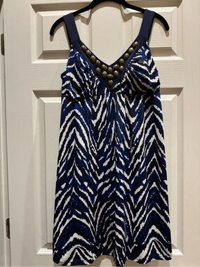 INC: Navy Blue & White Sleeveless Tunic Dress with Brass Stud Detail Small